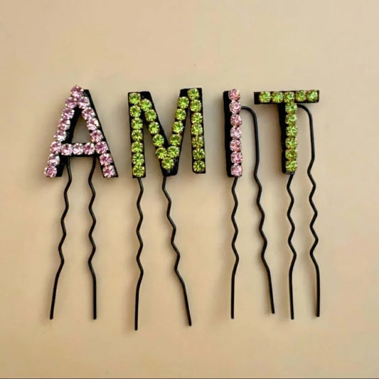 Custom Name Dual Color Crystal Letter Hair Pins – Pastel Pink & Green