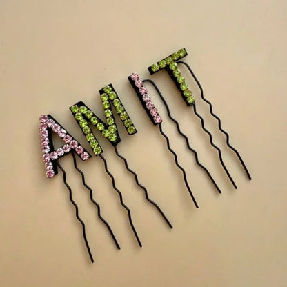 Custom Name Dual Color Crystal Letter Hair Pins – Pastel Pink & Green