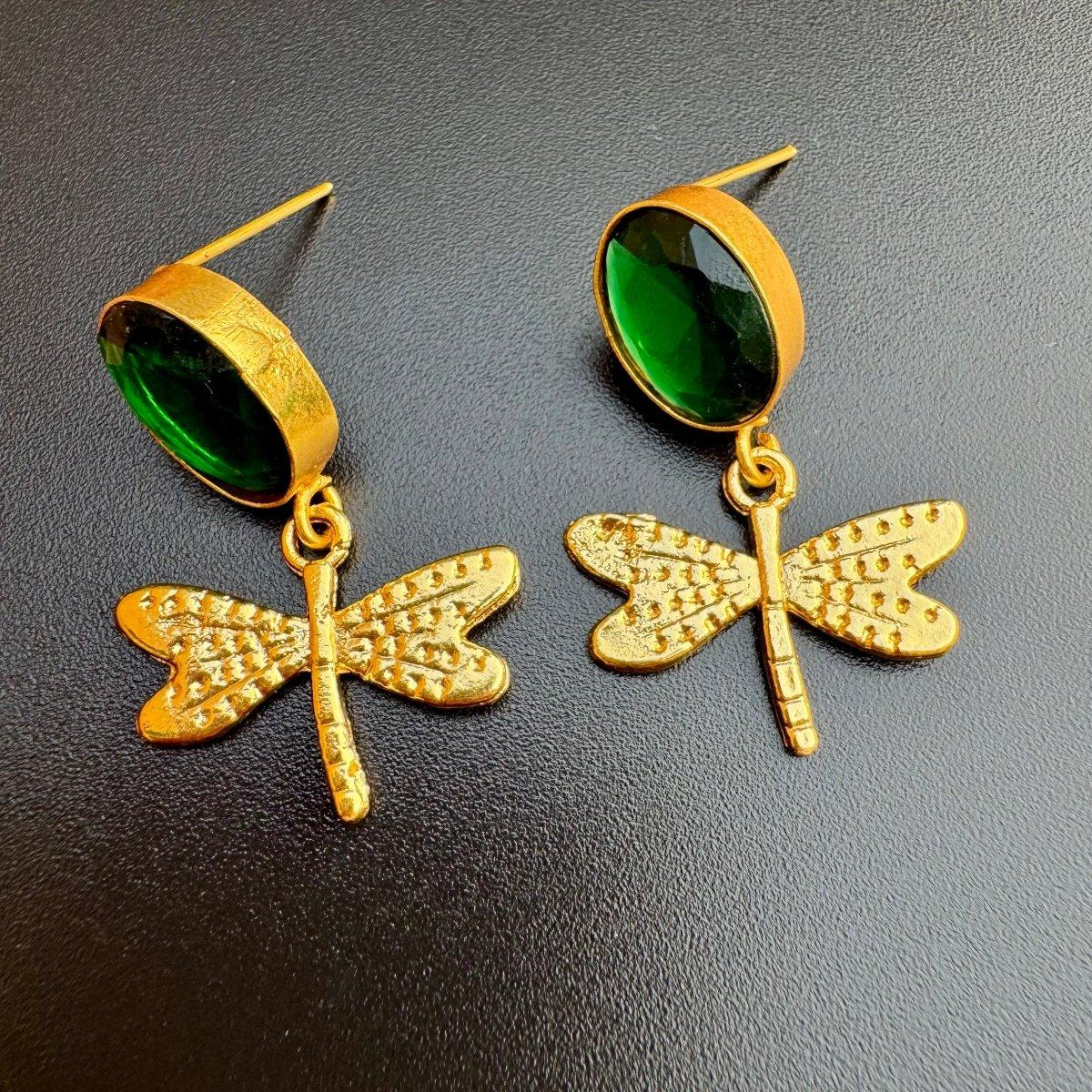 Emerald Dragonfly Drop Earrings