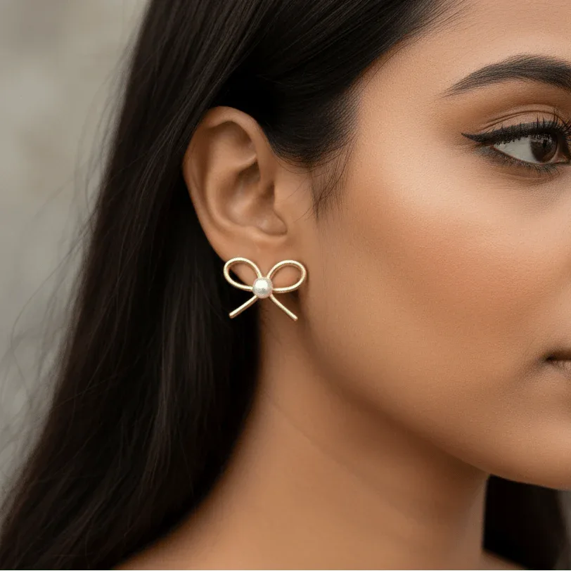 Gold Bow Pearl Stud Earrings