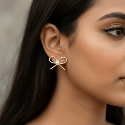 Gold Bow Pearl Stud Earrings