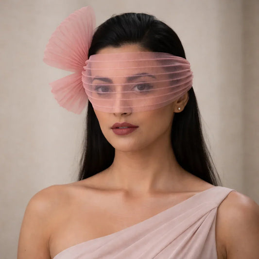 Dusty Rose Pleated Eye Veil Headpiece with Bow