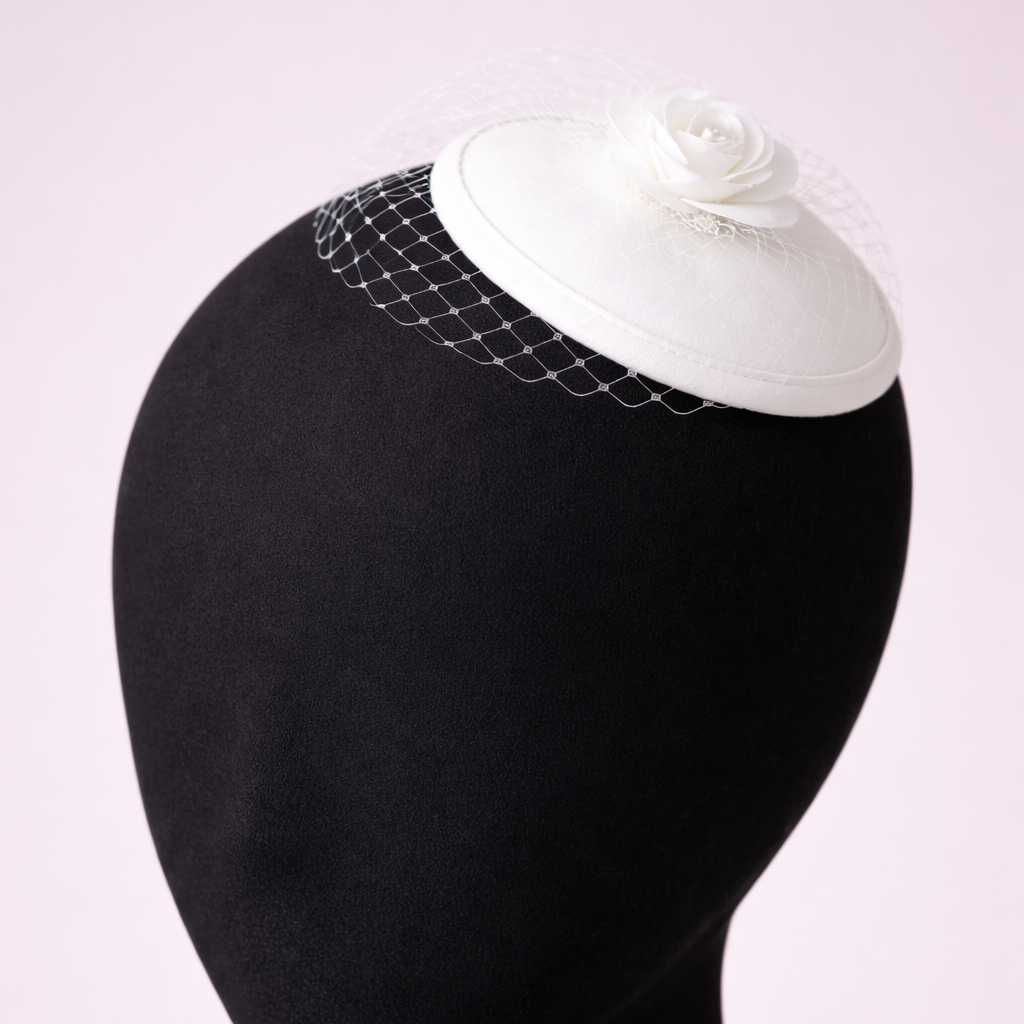 Rosaline White Rose Fascinator with Birdcage Veil