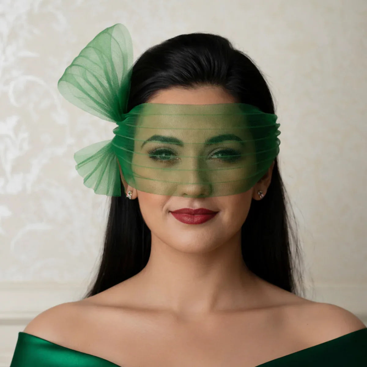Emerald Green Pleated Eye Veil Headpiece with Bow