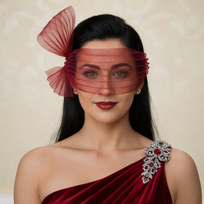Ruby Red Pleated Eye Veil Headpiece with Bow