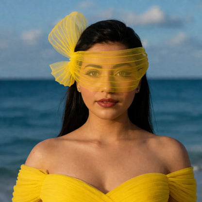 Bright Yellow Pleated Eye Veil Headpiece with Bow