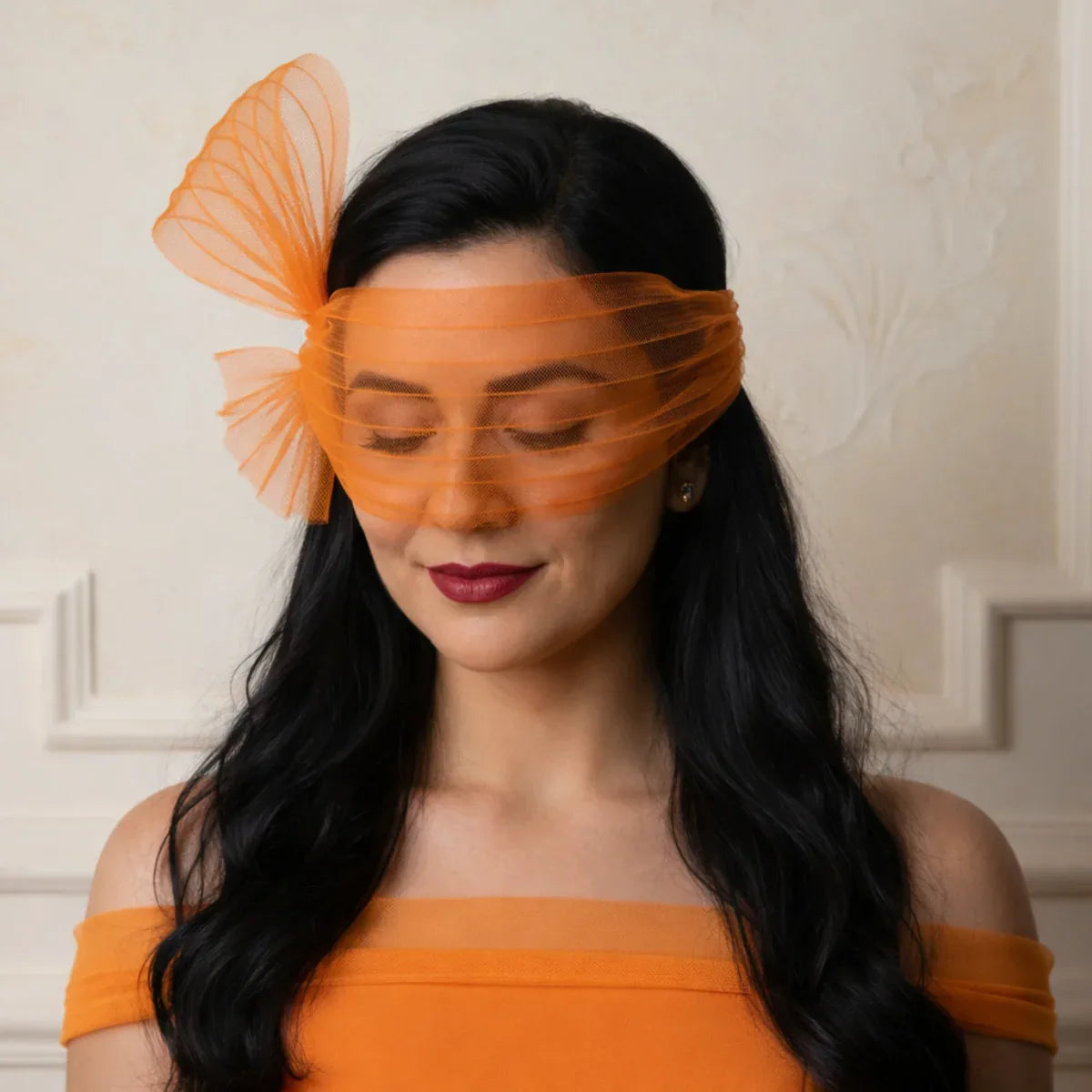 Orange Pleated Eye Veil Headpiece with Bow