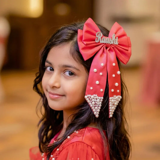 Custom Name Pearl Embellished Hair Bow Clip - Bold Fuchsia