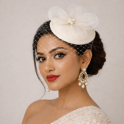 Aurielle Ivory Disc Fascinator with Pearl Flower & Birdcage Veil