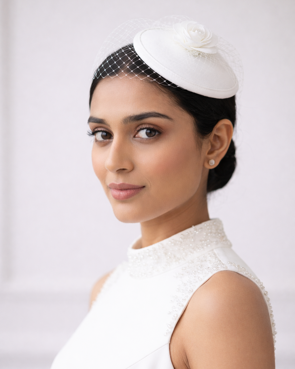 Rosaline White Rose Fascinator with Birdcage Veil