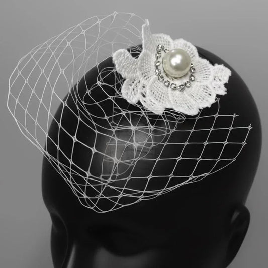 White Bridal Pearl Birdcage Veil | Cocktail Party Veil