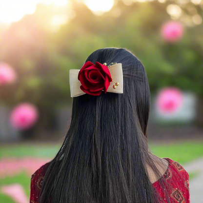 Red Rose with Golden Bow Hair Clip