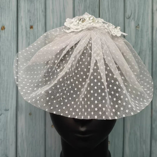 White Polka Dots Veil Fascinator | British veil hat