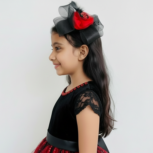 BLACK CHARM Fascinator with Red Flower