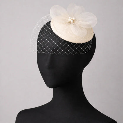 Aurielle Ivory Disc Fascinator with Pearl Flower & Birdcage Veil