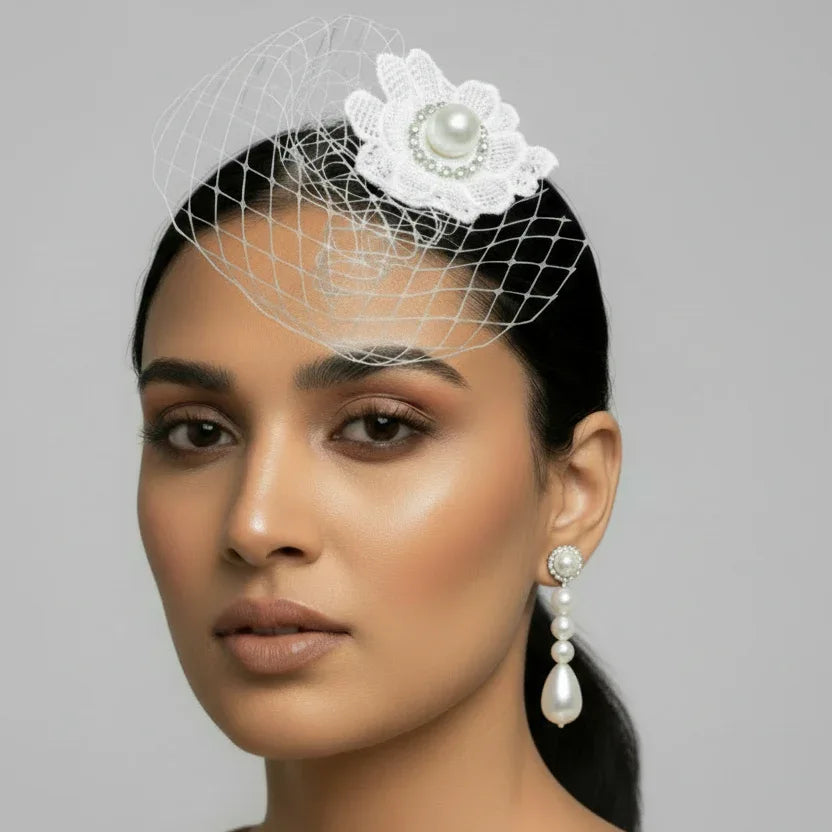 White Minimal Luxe Bridal Pearl Birdcage Veil