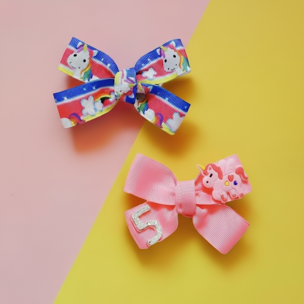 Birthday Unicorn Ribbon Bow Hair Clips for baby girls