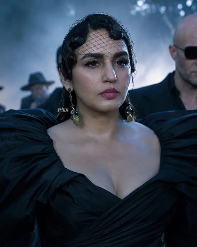 Huma Qureshi wearing a black birdcage face veil in her Toxic movie look