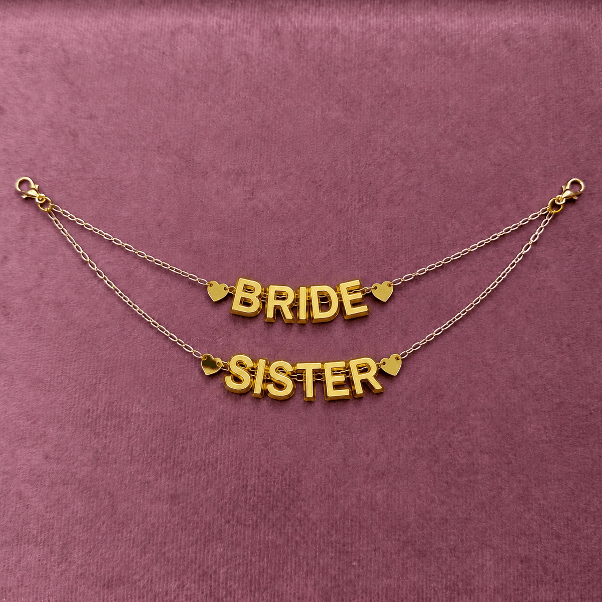 Gold acrylic letter double drape bridal hair chain with bride and sister styling