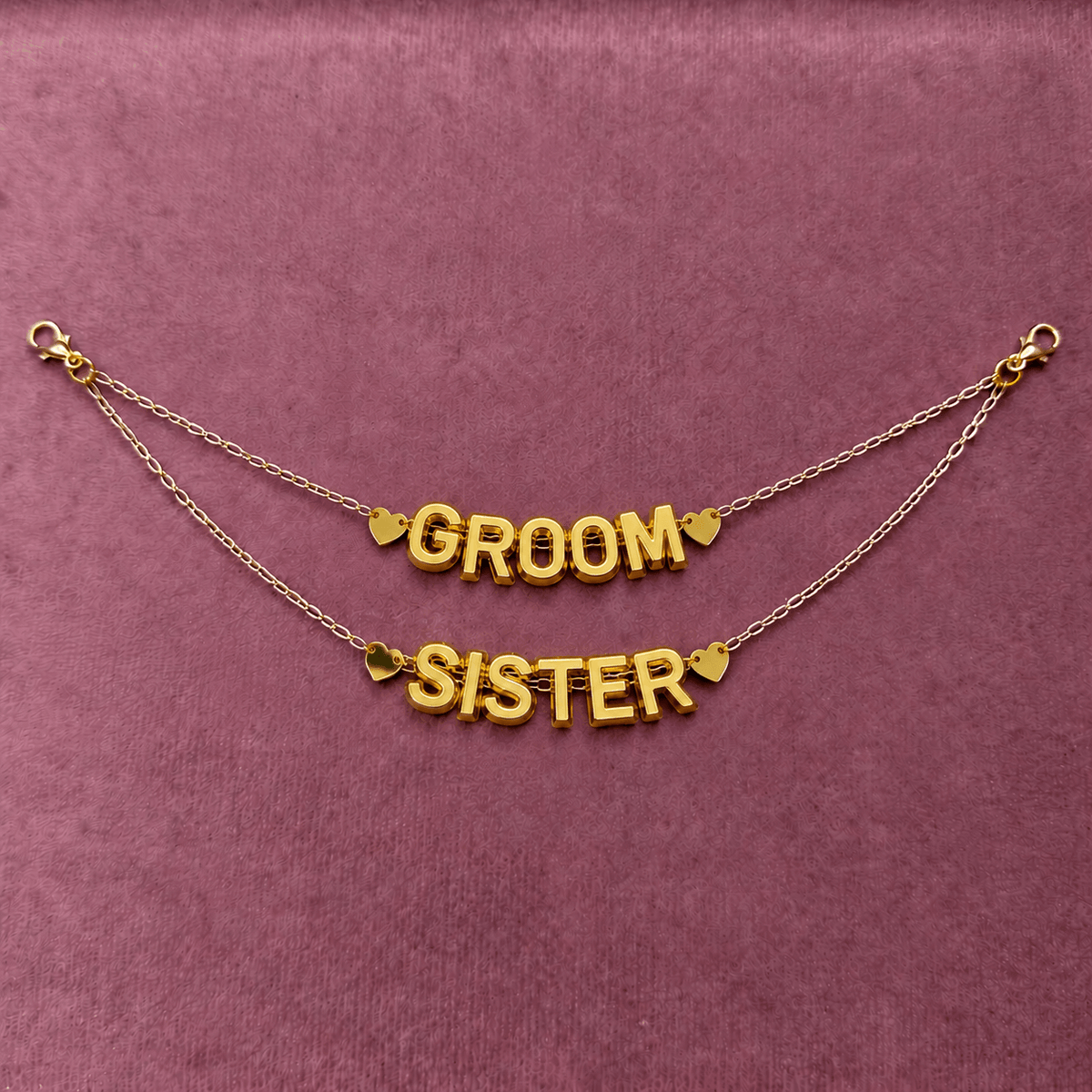 Gold double drape acrylic letter hair chain with groom and sister name styling