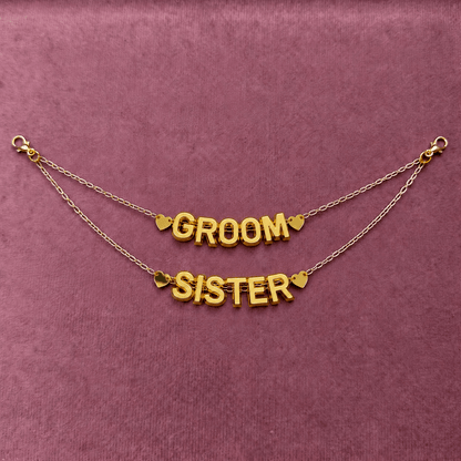 Gold double drape acrylic letter hair chain with groom and sister name styling