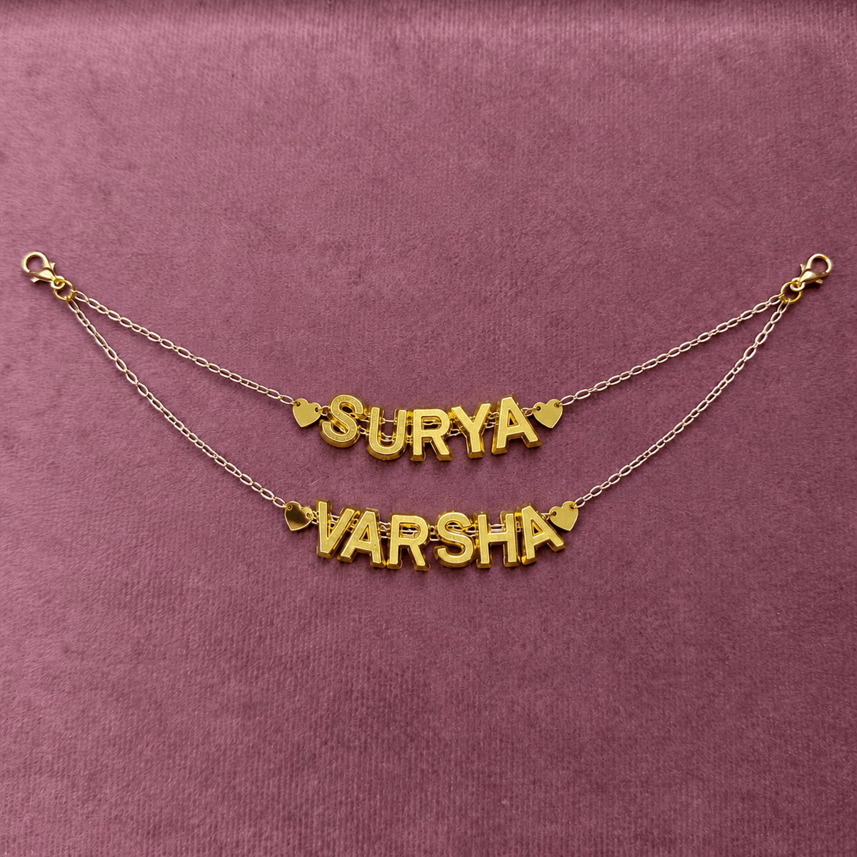 Nisha Gera classic gold acrylic double drape custom name bridal hair chain