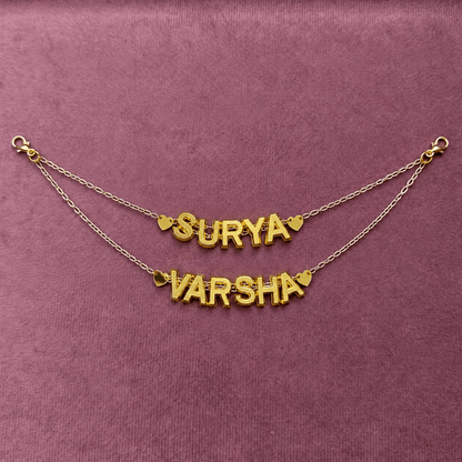 Nisha Gera classic gold acrylic double drape custom name bridal hair chain