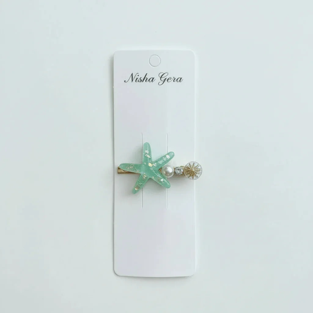 Resin Starfish Pearl Charm Hair Clip – Seafoam Green
