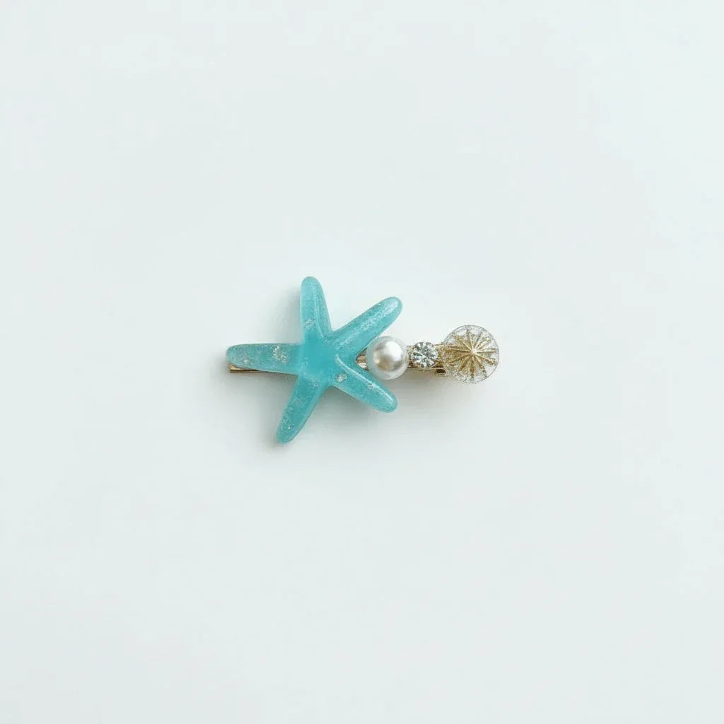 Resin Starfish Pearl Charm Hair Clip – Aqua Blue