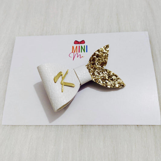 White & Gold Custom Name Letter mermaid Bow Hair Clip | Personalized Designer Hair Accessories for Kids & Girls