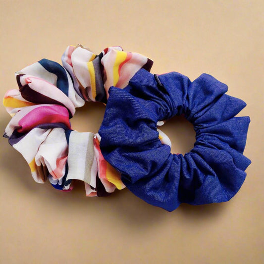 Denim and Stripes Scrunchies Set | Premium Quality Hair Accessories