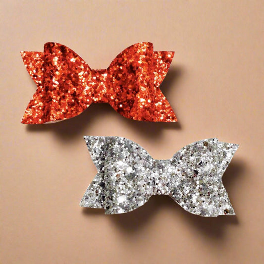 Red and Silver Glitter Bow Hair Clip Set | Glitter Leather Hair Bows
