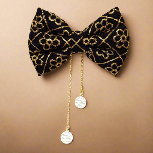 Black and Gold Festive Princess Bow Hair Clip | Premium Silk Hair Bow