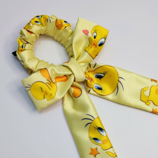Hello Tweety Scarf Scrunchies | Designer Satin Hair Accessory