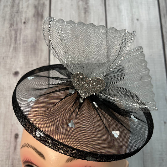 Hearts Alive Black Fascinator Hair Clip | Cocktail Party Half Hat