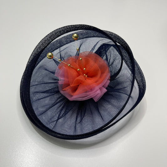 Navy Blue Flower Fascinator Hat with Pearl Accents for all social occasions