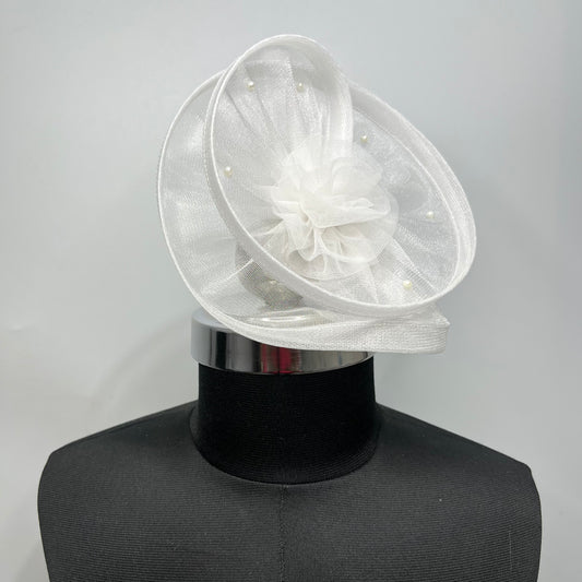 Twisted White Flower and Pearls Fascinator Hair Clip