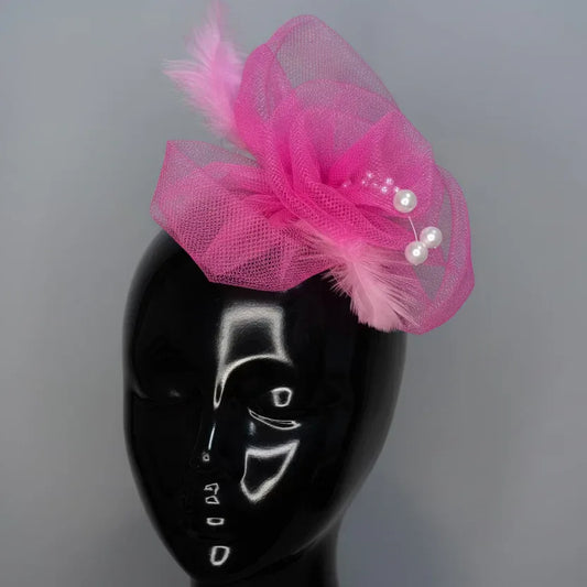 Pink Net and Feather Fascinator Hair Clip | High Tea Party Hair Clip